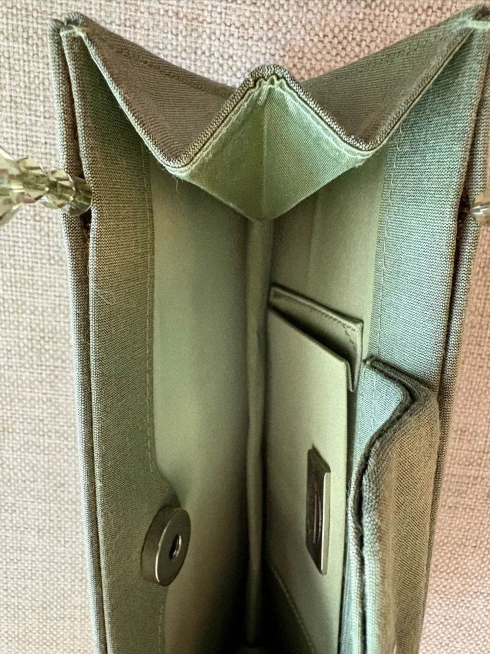 Talbots Sage Green Linen Silk Mini Bag Beaded Handle Structured Evening Clutch - Picture 6 of 10